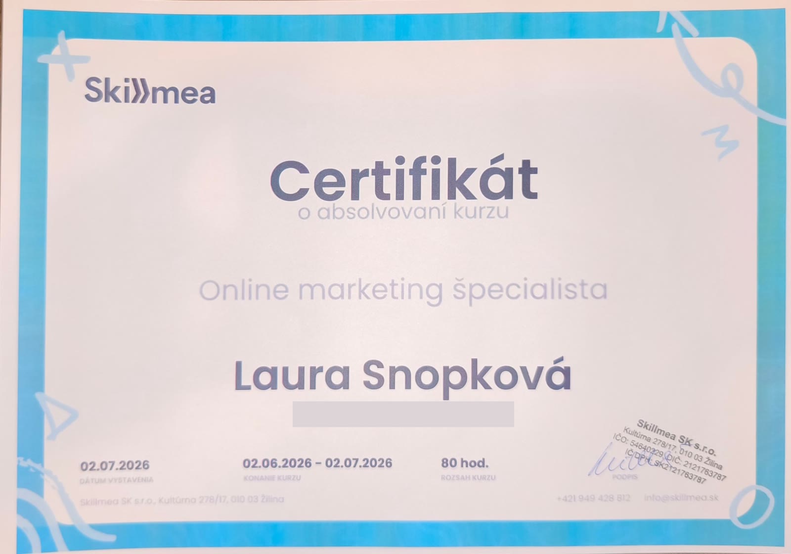 Certifikát Skillmea: Online marketing špecialista, Laura Snopková